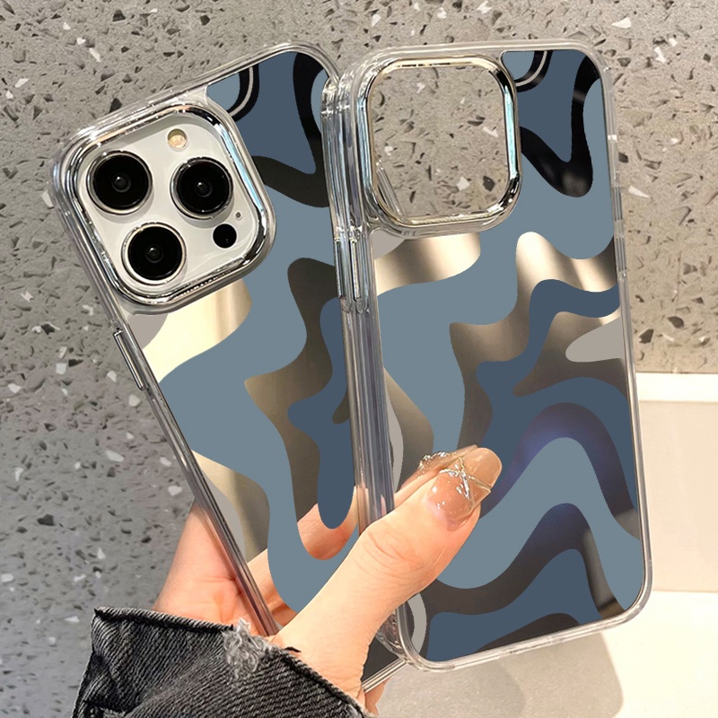 IPHONE Art Abu-Abu Biru Lukisan Cermin Ponsel Case Kompatibel Untuk Iphone11 12 13 14 12Pro 13Pro 14Pro Pro Max XR X XS Max Electroplating Tombol Perlindungan Mirror Cover