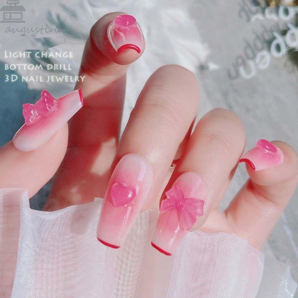 AUGUSTINA Agustina Kristal Nail Art Perhiasan 3D Fashion Cahaya Mengubah Bor Kuku Flatback Nail Permata Peach Transparan Beruang Nail Art Aksesoris