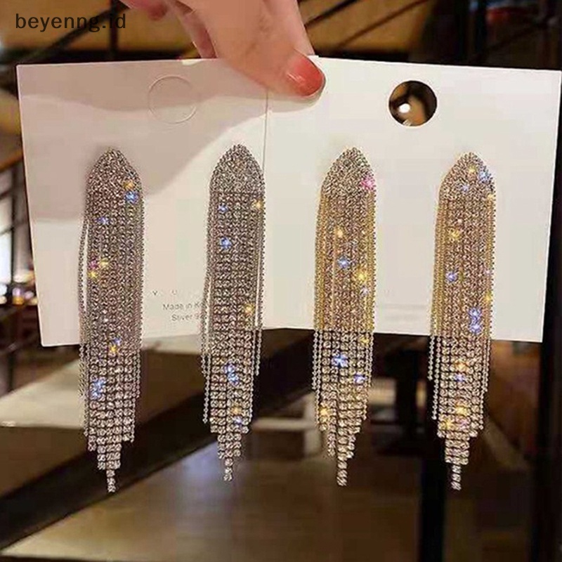 Beyen Panjang Rumbai Penuh Berlian Imitasi Drop Earrings Untuk Wanita Ovsize Kristal Menjuntai Anting Fashion Perhiasan Aksesoris ID