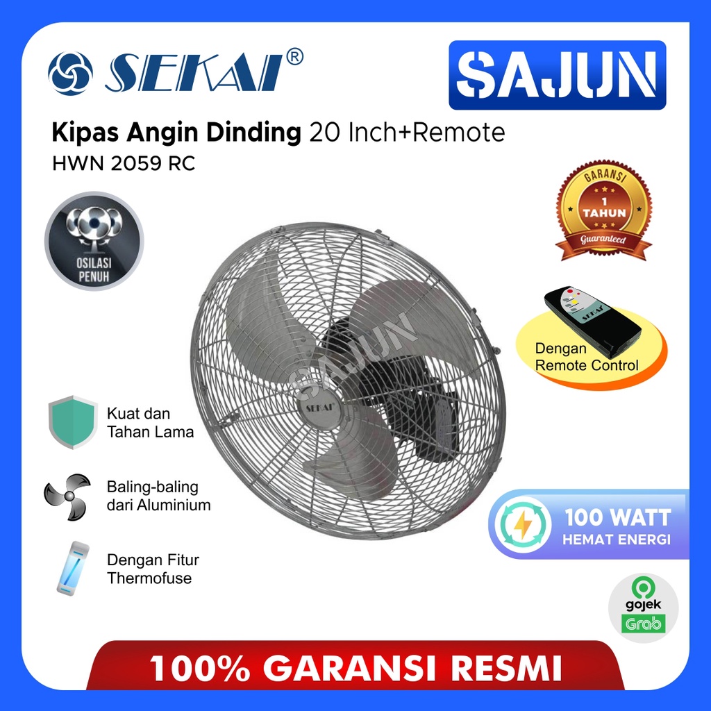 Sekai Kipas Angin Dinding 20 Inch HWN 2059 RC / HWN2059RC (Remote) Wall Fan