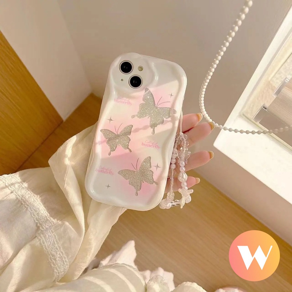 IPHONE Case Tepi Melengkung Bergelombang 3D Kompatibel Untuk Iphone7 8 Plus XR 6 6s X XS Max SE 2020 11 13 14 12 Pro Max INS Korea Glitter Fantasy Butterfly Case Dengan Lanyard Rantai Mutiara