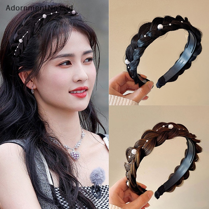 [AdornmentNo1] Bando kepang tulang ikan mutiara Twist Braid Wig Non-Slip aksesoris rambut