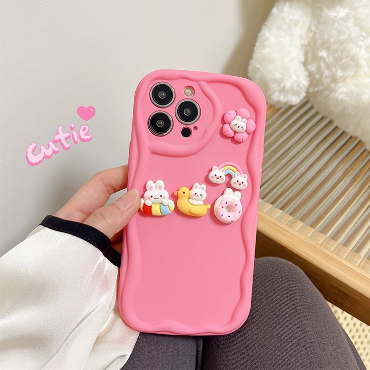 Macaron Pink Wave Rainbow Bunny Soft Silicon Case HP iP iPhone 6 6S 7 8 14 + Plus SE 2020 2022 X XS XR 11 12 13 Pro Max Girl Woman Casing