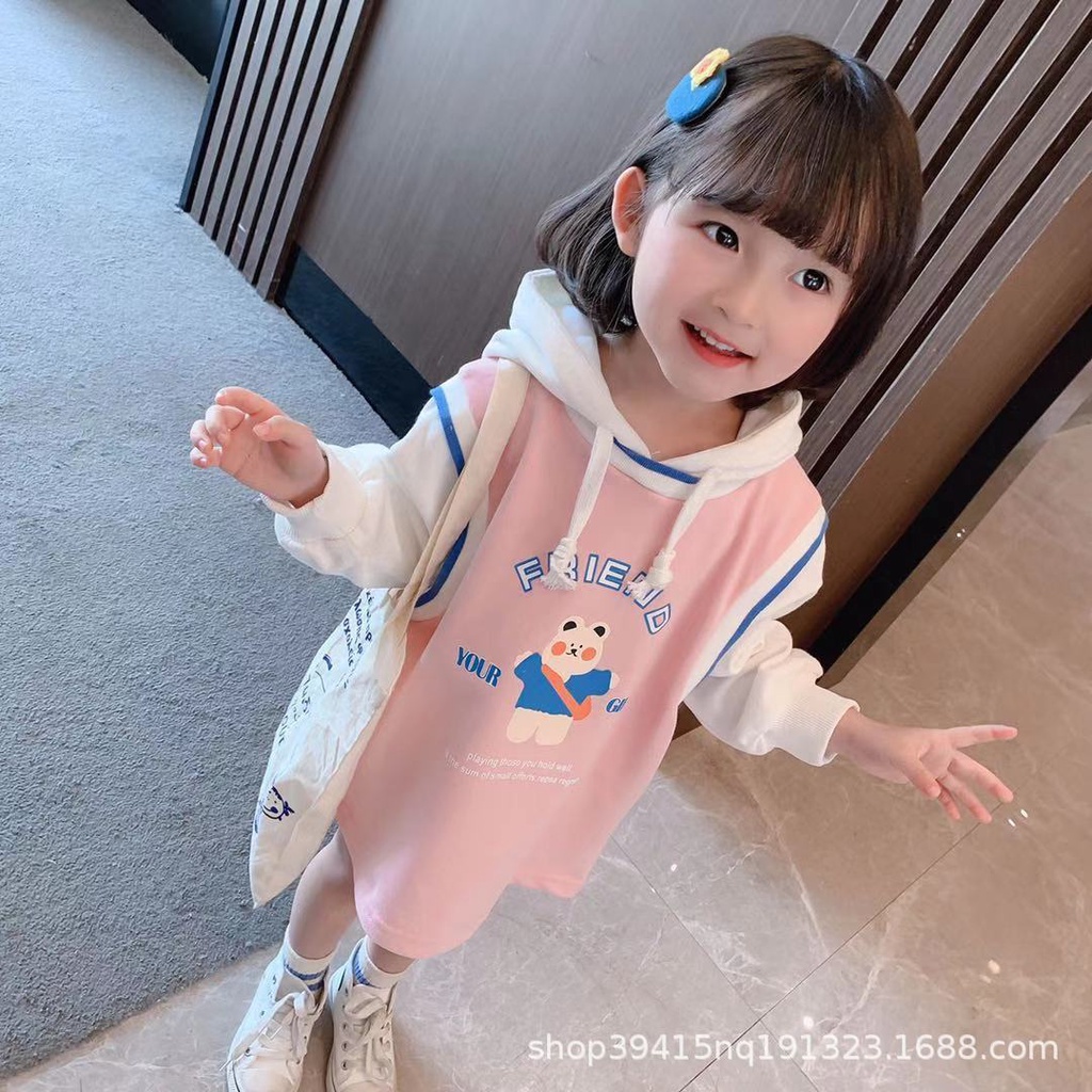 SWEATER DRESS HOODIE ANAK MOTIF BEAR LENGAN PANJANG IMPORT