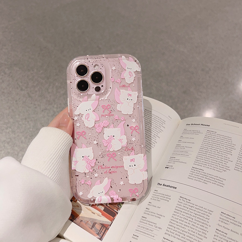 IPHONE Musim Panas Transparan Merah Muda Ponsel Case Kucing Putih Kecil Yang Lucu Penuh Perlindungan Cover Pelindung Untuk Iphone11 12 13 14 PLUS PRO MAX