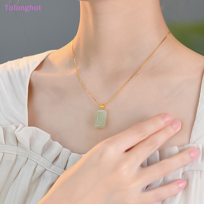 Tolonghot&gt; Ins Style Square Pendant Hetian Jade Kalung Vintage Fashion Rantai Klavikula Untuk Wanita Perhiasan Simple All-match Sweater Chain well