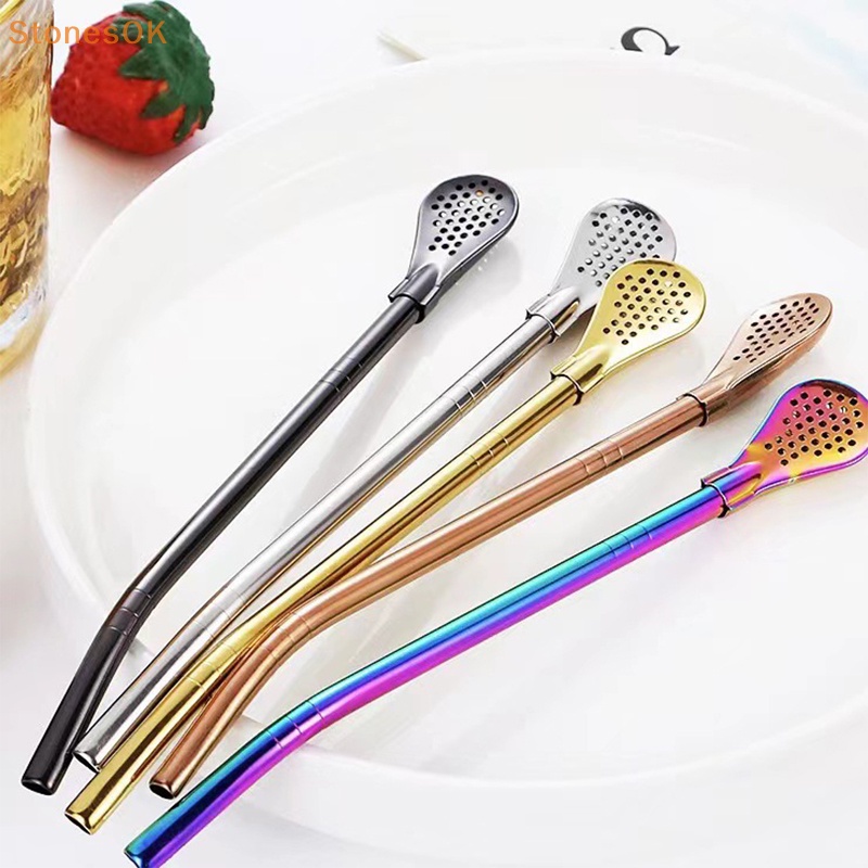 Batu Warna Warni304 Sedotan Minum Teh Stainless Steel Sendok Yerba Mate Tea Filter Reusable Metal Kitchen Bar Milk Tea Stirring Spoon ID