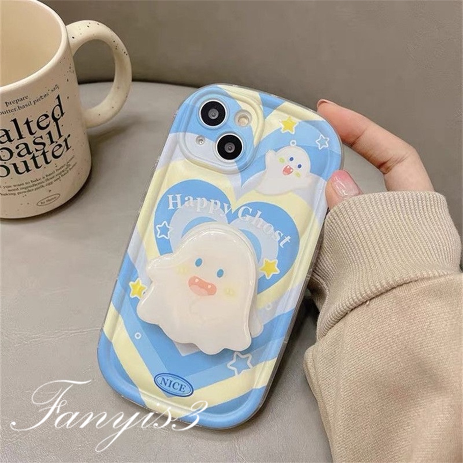 For Samsung A14 A34 A54 A04 A04s A12 A13 A03 A03s A23 A52 A52s A22 A32 A51 A71 A50 A50s A30s A11 M11 Blue Heart Ghost Sabun Phone Case Bening TPU Soft Cover Dengan Bracket