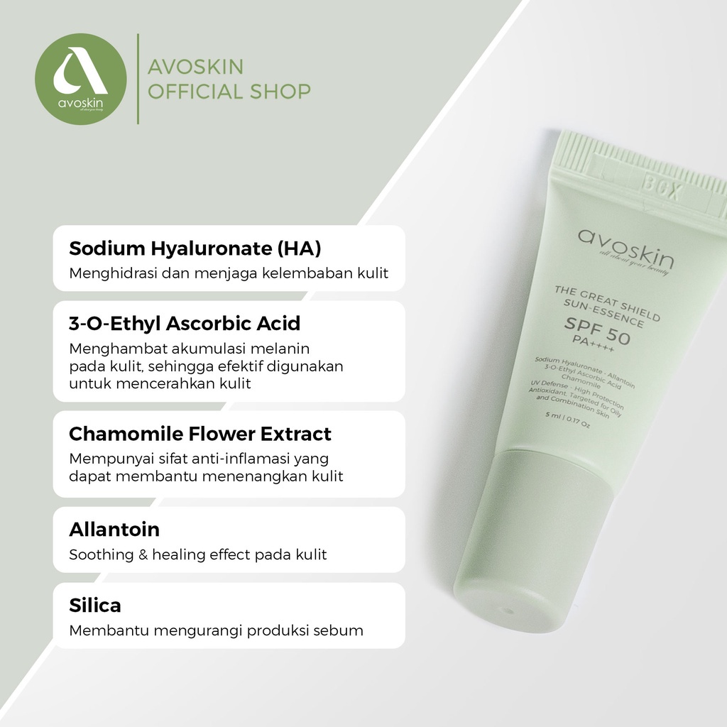 Sunscreen Avoskin The Great Shield SPF 50 PA++++ 5ml - Kulit Berminyak