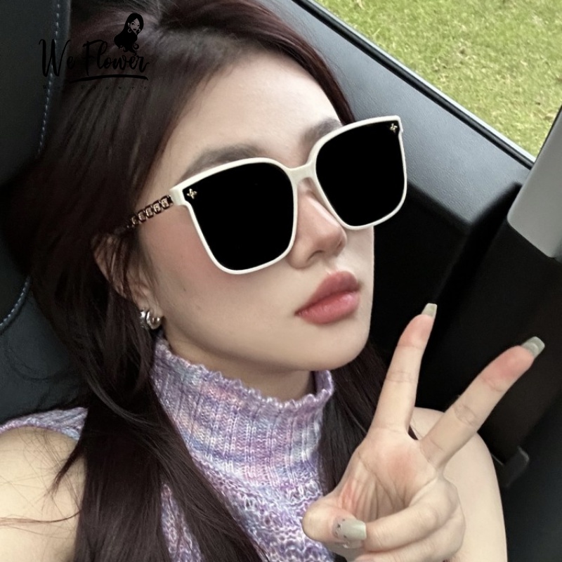 We Flower Chic Shining Sequin Link Rantai Frame Over Sized Sunglasses Untuk Wanita Pria Trendy Shades Anti-Radiasi Eyewear