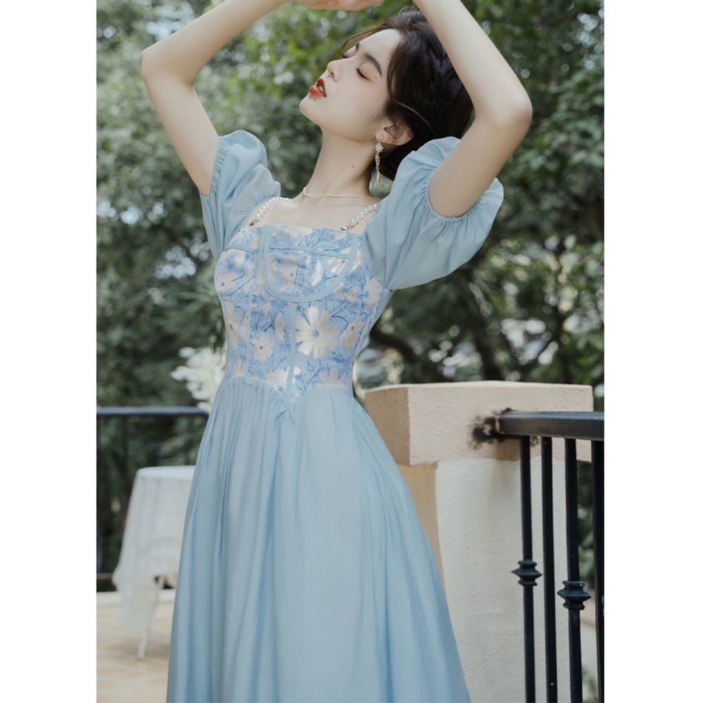 Escaping Princess Tea Break French Blue Dress Children's New Summer Fairy Style Super Fairy Long Dre