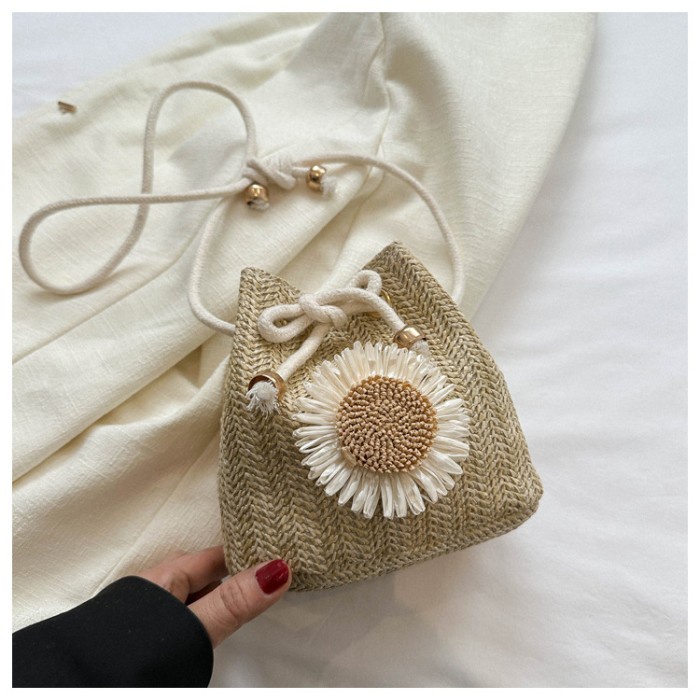 Promo - Tas Selempang Serut Bahan Anyaman Bunga Matahari/Slingbag Sunflower - Khaki - Sedia tas sele