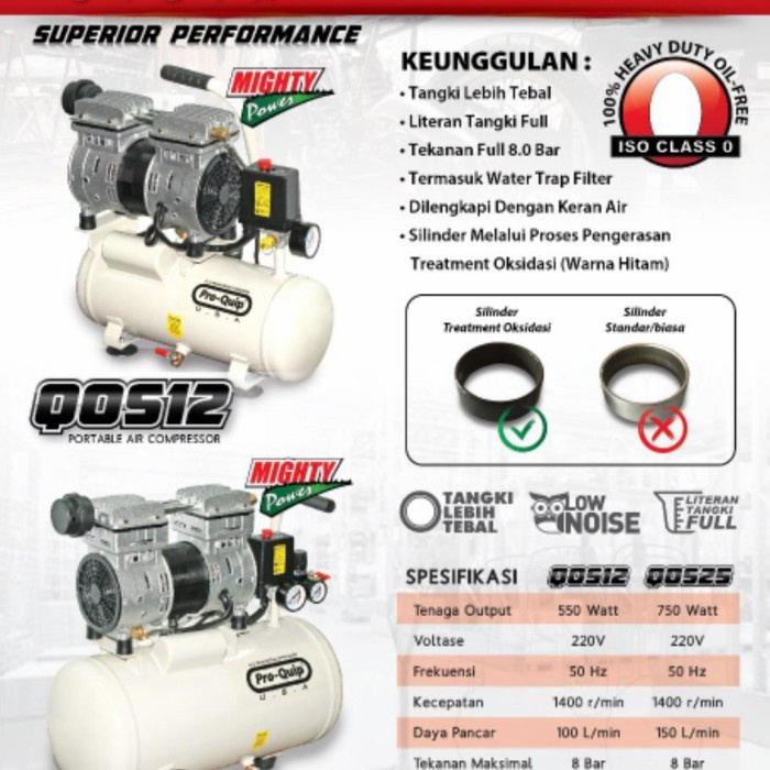 Kompresor Udara Proquip QOS-12 50 Liter Biru, Motor Induksi 3 HP 220V
