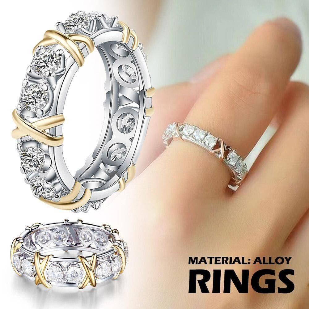 Lily Cincin Tembaga Two-tone Modis Silang Penuh Moissanite Berlian