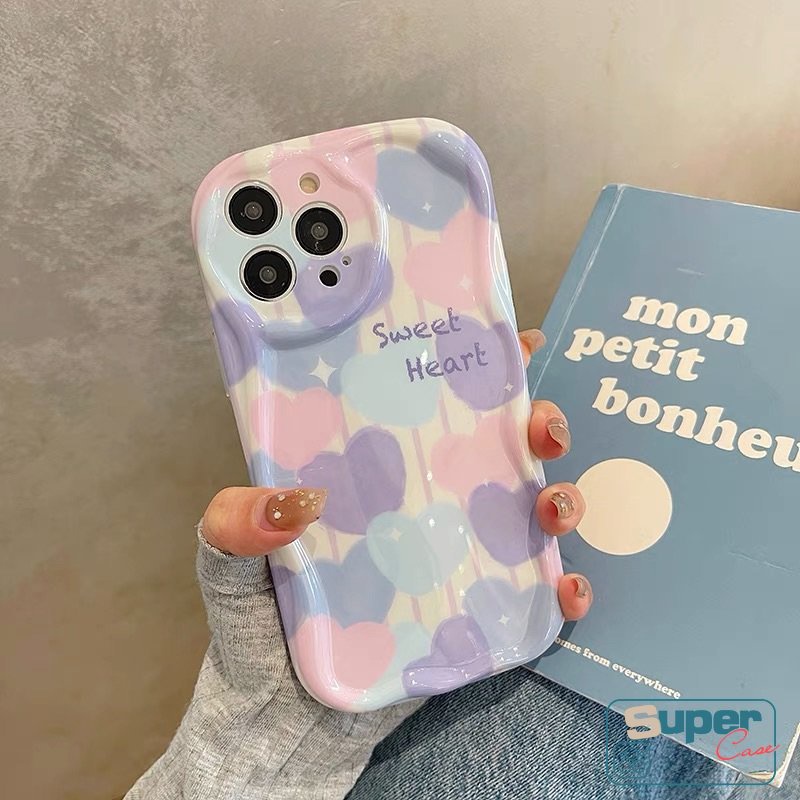 Ins Lukisan Cat Minyak Cinta Hati Casing Kompatibel Untuk iPhone 7plus XR 11 13 12 14 Pro Max 6s 6 7 8 Plus X XS Max SE 2020 3D Wavy Curved Edge Soft Tpu Shockproof Airbag Glossy Case