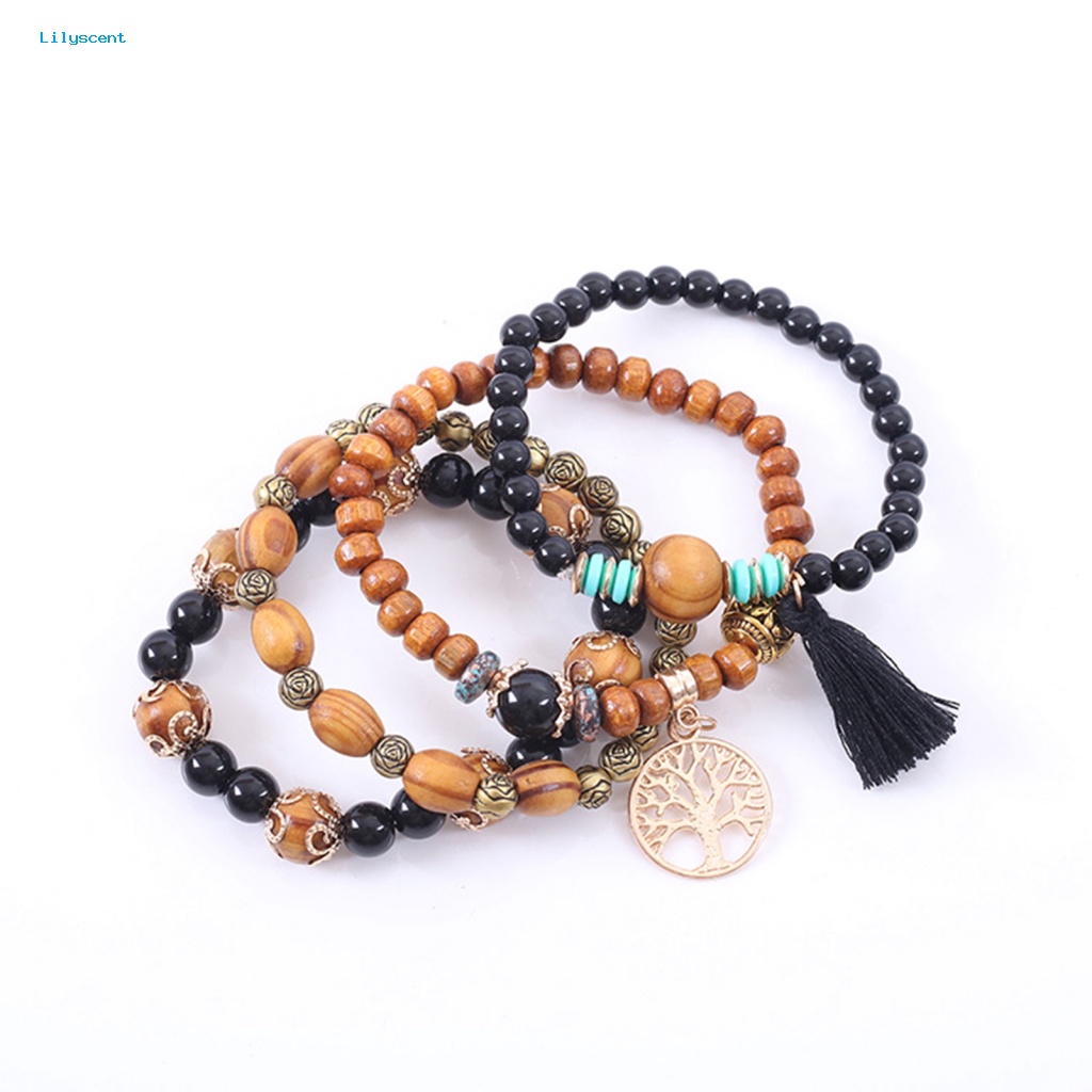 Lilyscent 4 Pcs Unisex Fashion Manik-Manik Kayu Rumbai Untai Bangle Gelang Perhiasan Hadiah