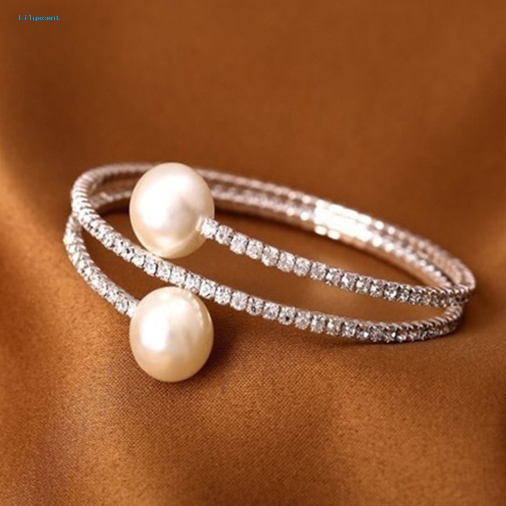 Lilyscent Wanita Penuh Berlian Imitasi Multi-layer Gelang Pergelangan Tangan Mutiara Imitasi Cuff Open Bangle