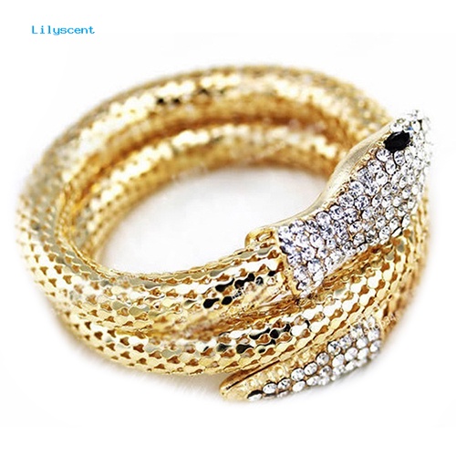 Lilyscent Vintage Retro Punk Berlian Imitasi Melengkung Peregangan Ular Cuff Bangle Gelang Perhiasan