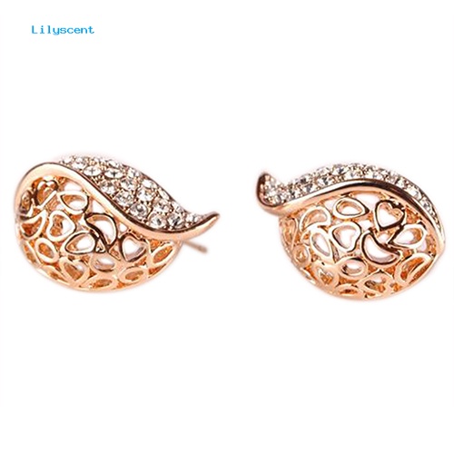 Lilyscent 1pasang Fashion Wanita/'s Lady Berongga Daun Berlian Imitasi Ear Stud Earrings Golden Tone