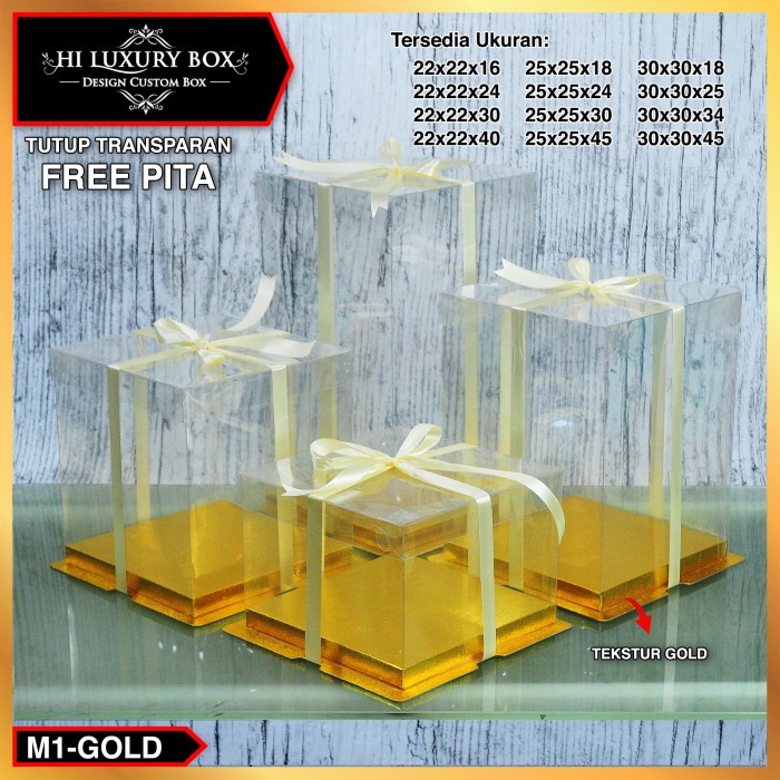 

Cake Box Kotak Kue Mika Transparan Dus Hantaran - Tutup Mika 30x30 - Gold, 30x30x18