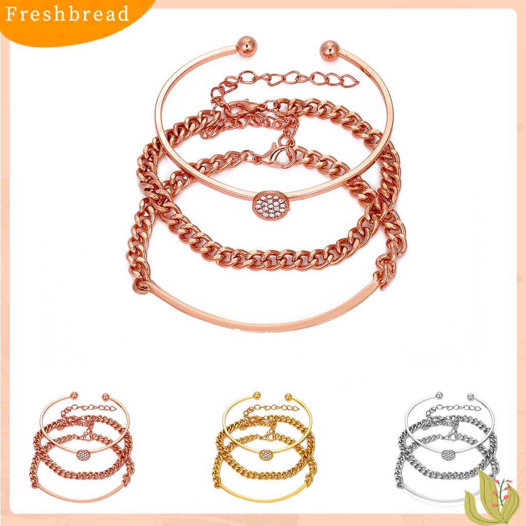 &lt; Freshbread &gt; 3Pcs/Set Cubic Zirconia Bukaan Wanita Gelang Alloy Shiny Adjustable Simple Bangles Perhiasan Aksesoris