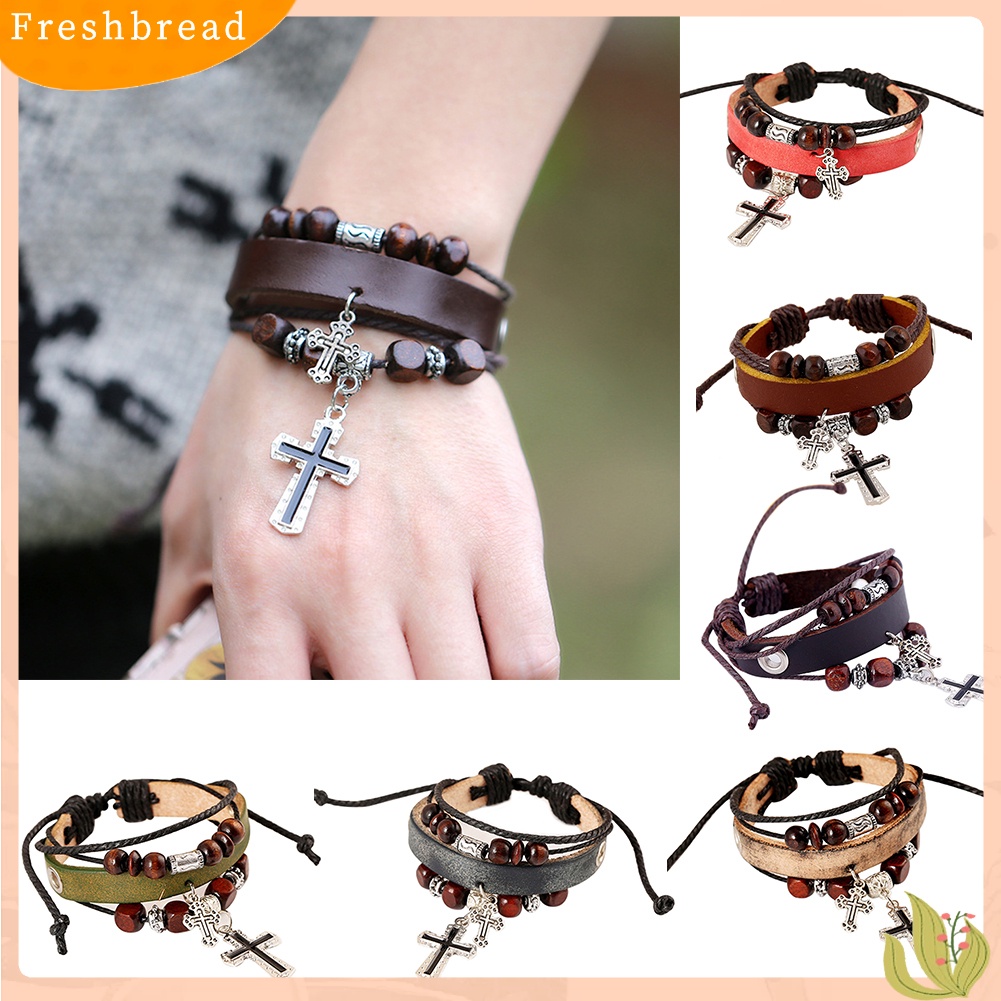 &lt; Freshbread &gt; Vintage The Cross Pendant Multilayer Beads Kulit Imitasi Kepang Gelang Bangle