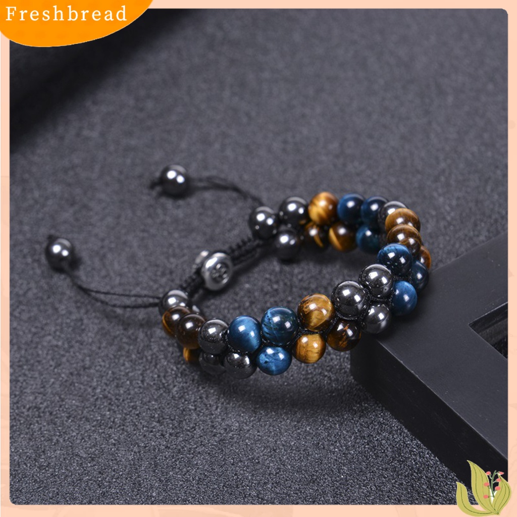 < Freshbread > ic Gelang 8mm Manik-Manik Bulat Double-layer Braided Natural Tiger Eye Stone Adjustable Hadiah Fashion Perhiasan Pria Wanita Penghilang Stress Penyembuhan Bangle Untuk Harian