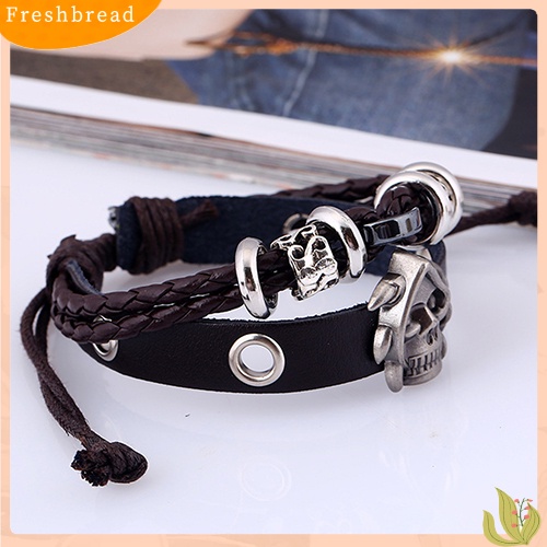 &lt; Freshbread &gt; Fashion Pria Wanita Punk Tengkorak Dikepang Kulit Imitasi Multilayer Buatan Tangan Gelang