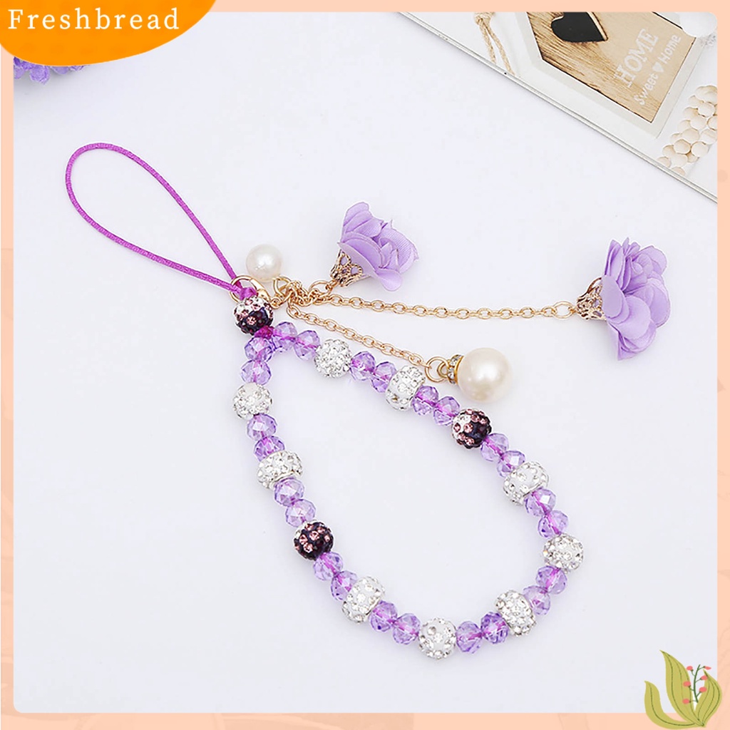 &lt; Freshbread &gt; Wanita Gelang Kristal Imitasi Manik-Manik Bunga Liontin Mutiara Imitasi Pendek Hias Portabel Lady Gelang Ponsel Tali Lanyard Aksesori Busana