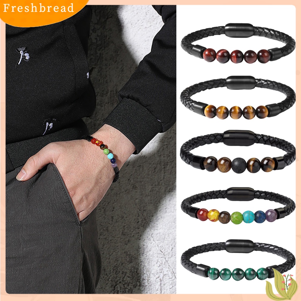 < Freshbread > Pria Gelang Gaya Sederhana Ultra-Ringan Tali Kulit Dikepang Tahan Aus Mudah Dipakai Hias Alloy Batu Manik Gelang Unisex Bangle Dekorasi Untuk Laki-Laki