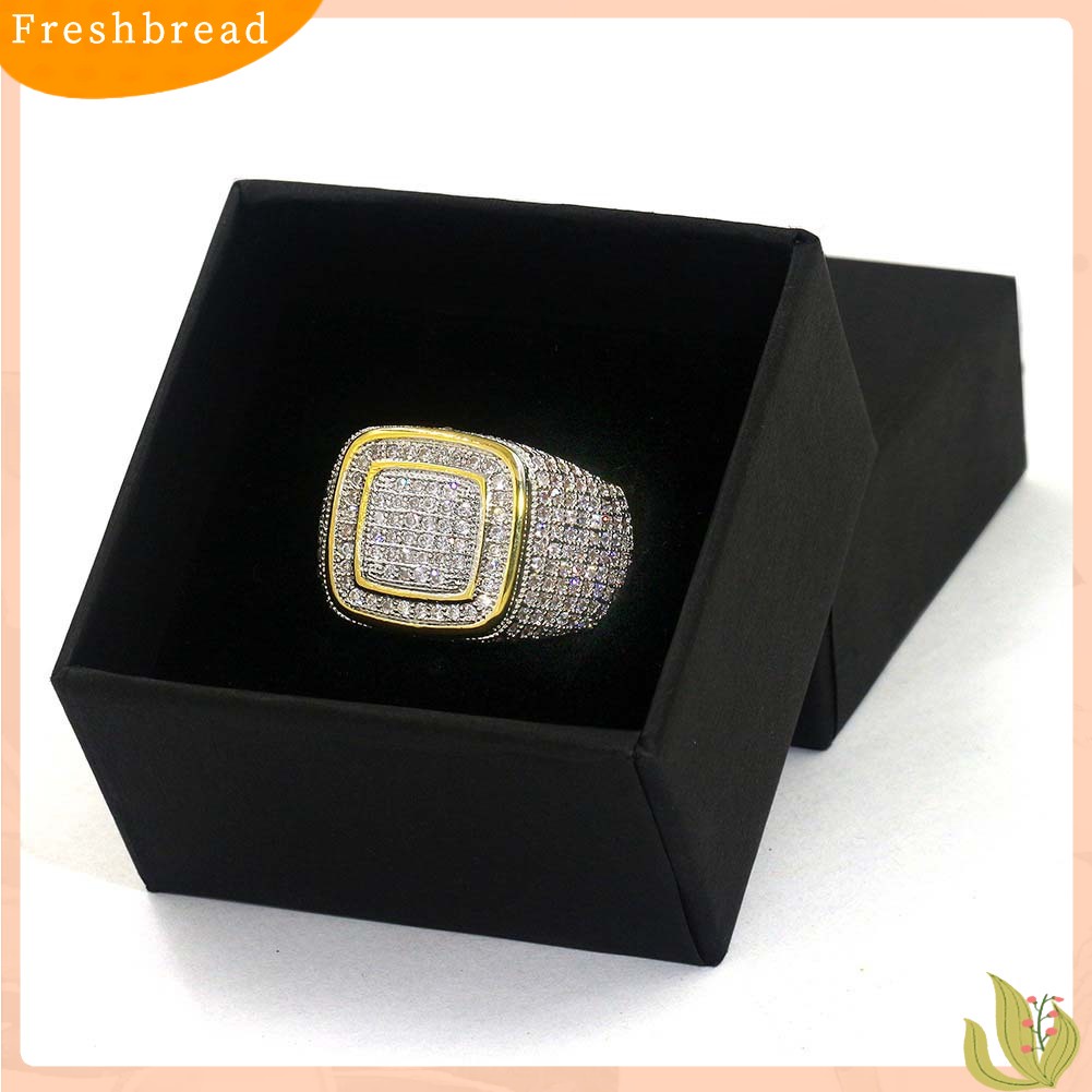 < Freshbread > Glitter Pria Persegi Penuh Berlian Imitasi Bertatahkan Jari Cincin Pernikahan Pertunangan Perhiasan