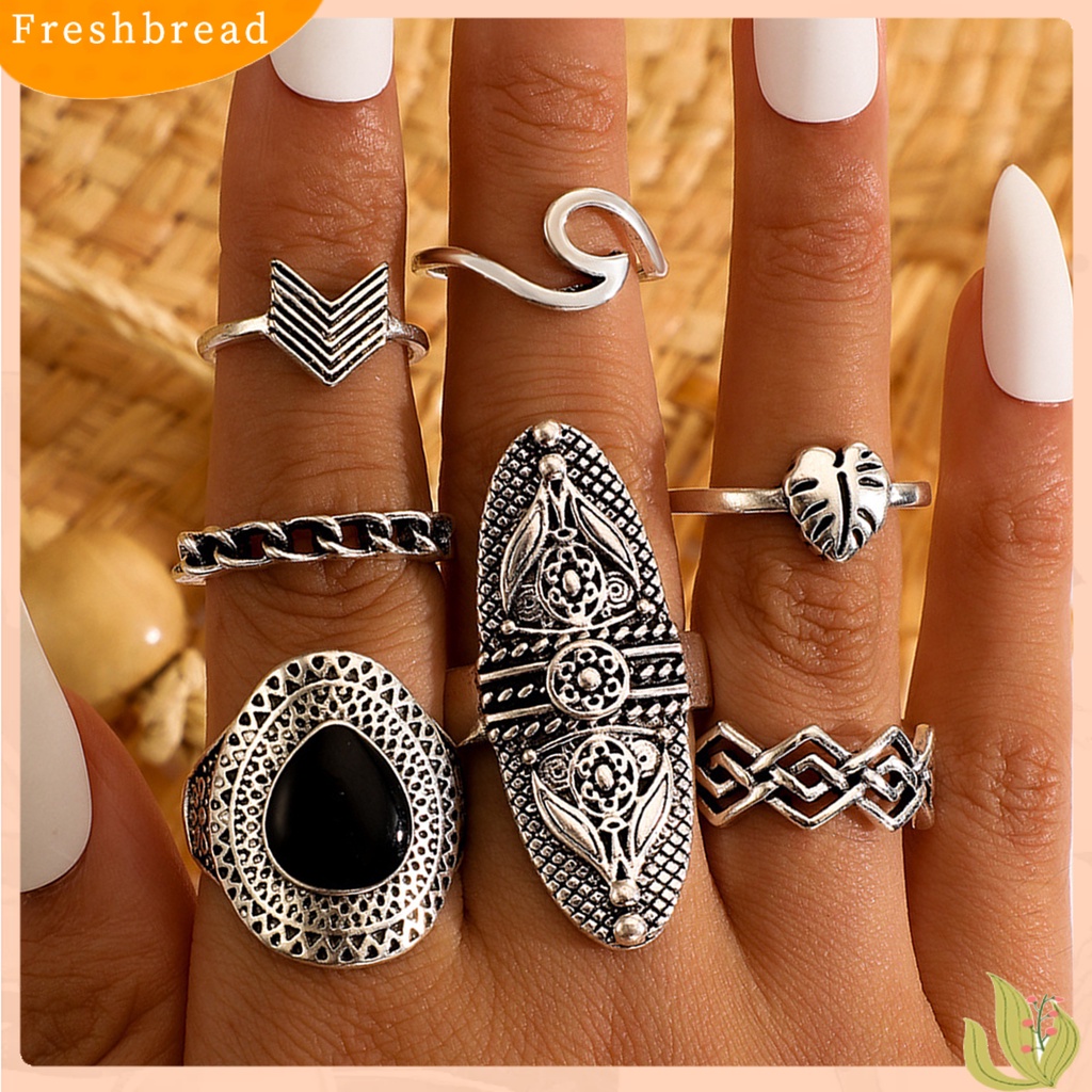 &lt; Freshbread &gt; 7Pcs Cincin Bohemian Wanita Anti Tarnish Geometris Permata Imitasi Jari Cincin Set Perhiasan Untuk Pesta