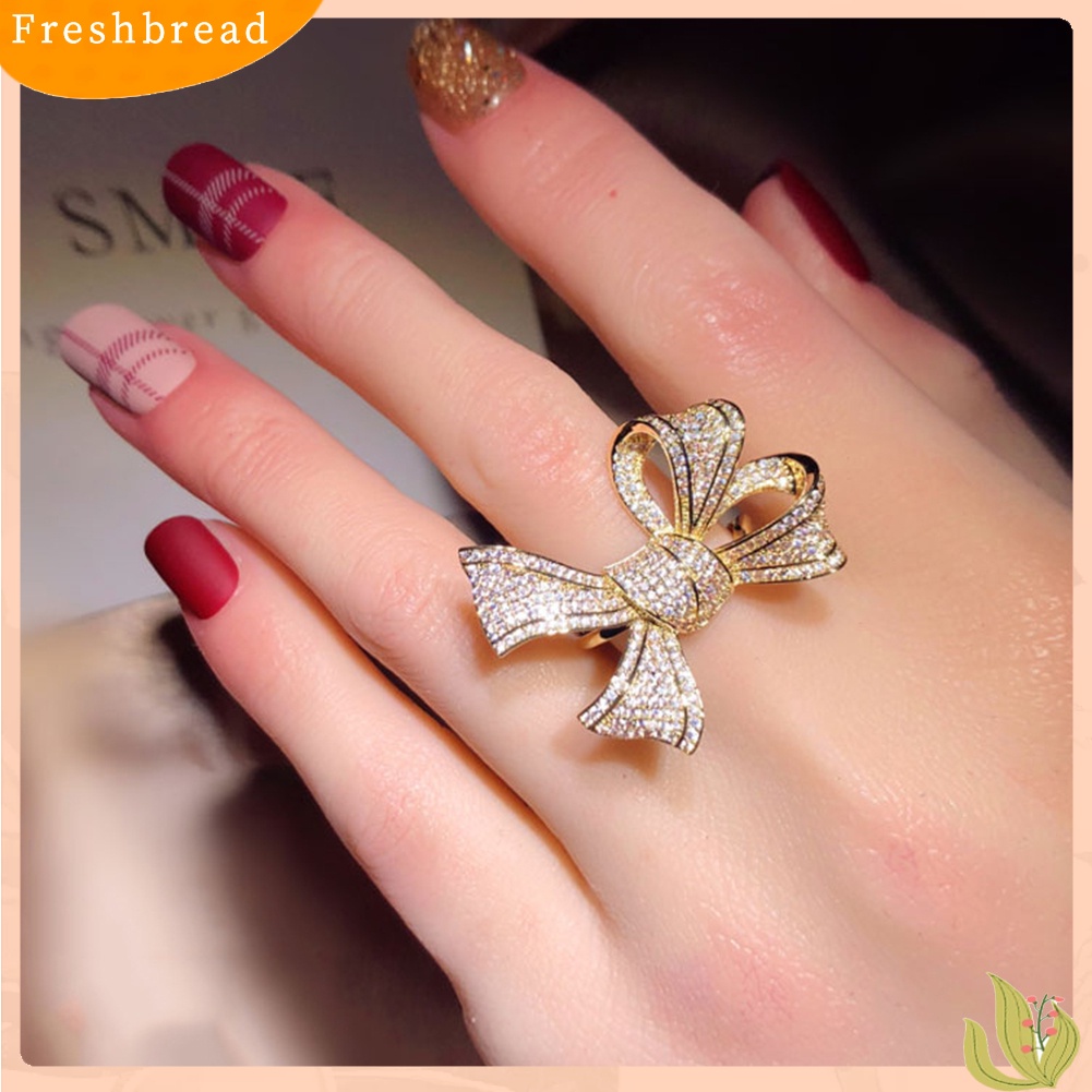 &lt; Freshbread &gt; Fashion Wanita Cubic Zirconia Bertatahkan Busur Jari Cincin Hadiah Perhiasan Pesta Pernikahan