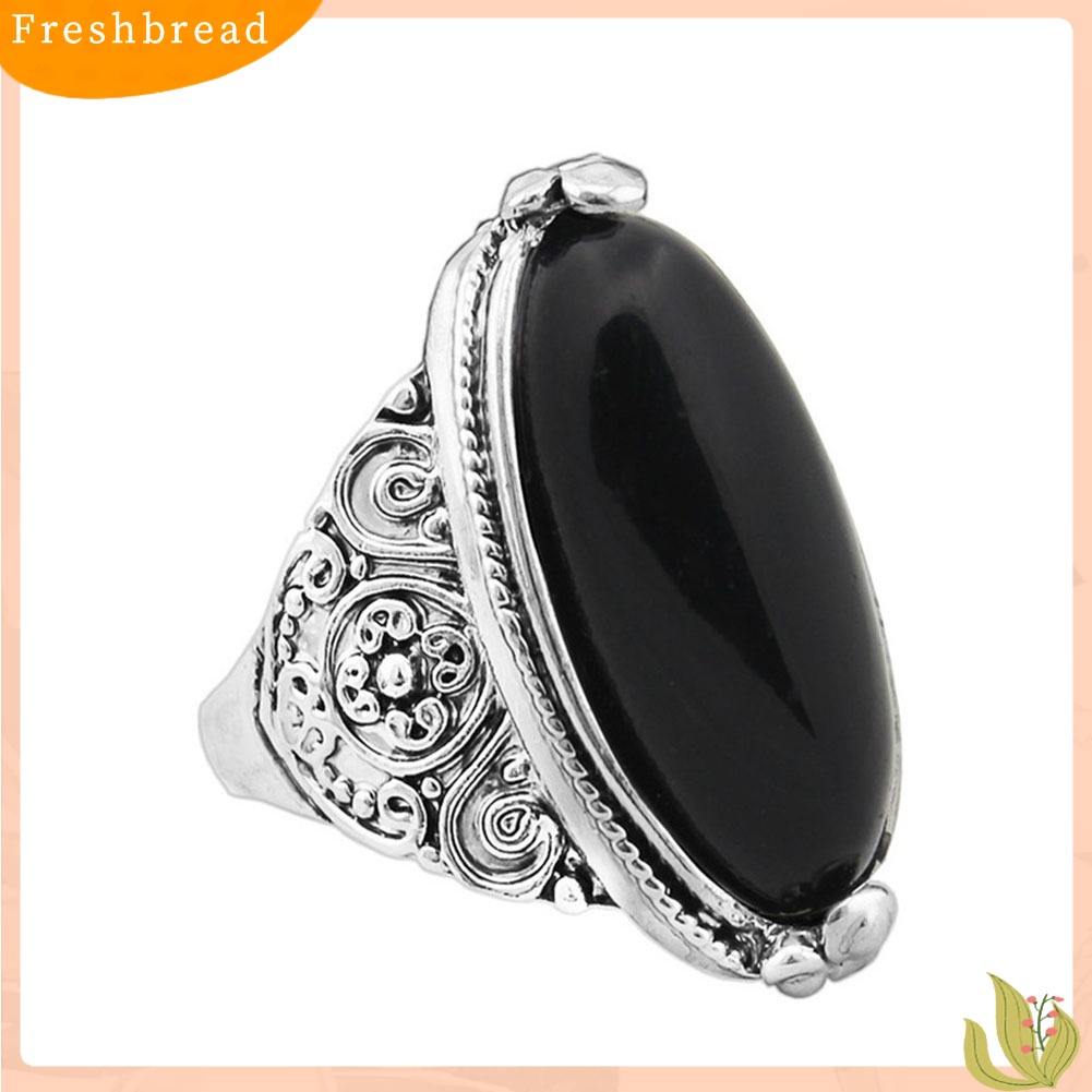 &lt; Freshbread &gt; Wanita Boho Vintage Oval Pirus Antik Perak Disepuh Ukir Cincin Perhiasan