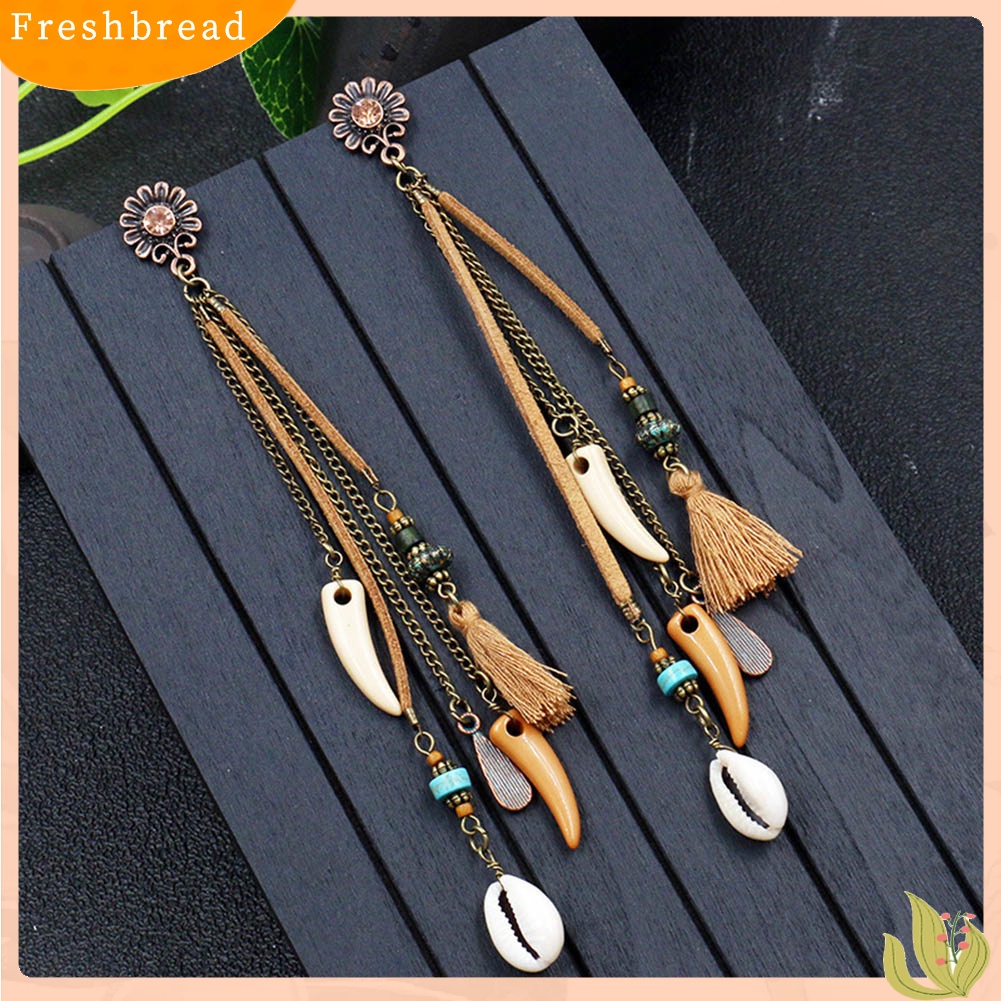 &lt; Freshbread &gt; Wanita Boho Bunga Matahari Shell Ox Tanduk Rumbai Menjuntai Anting Eardrop Perhiasan Hadiah