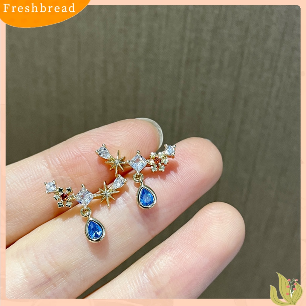 &lt; Freshbread &gt; Kalung Wanita Vintage Tahan Aus Anting Copper Silver Post Blue Water Drop Zircon Untuk Musim Panas