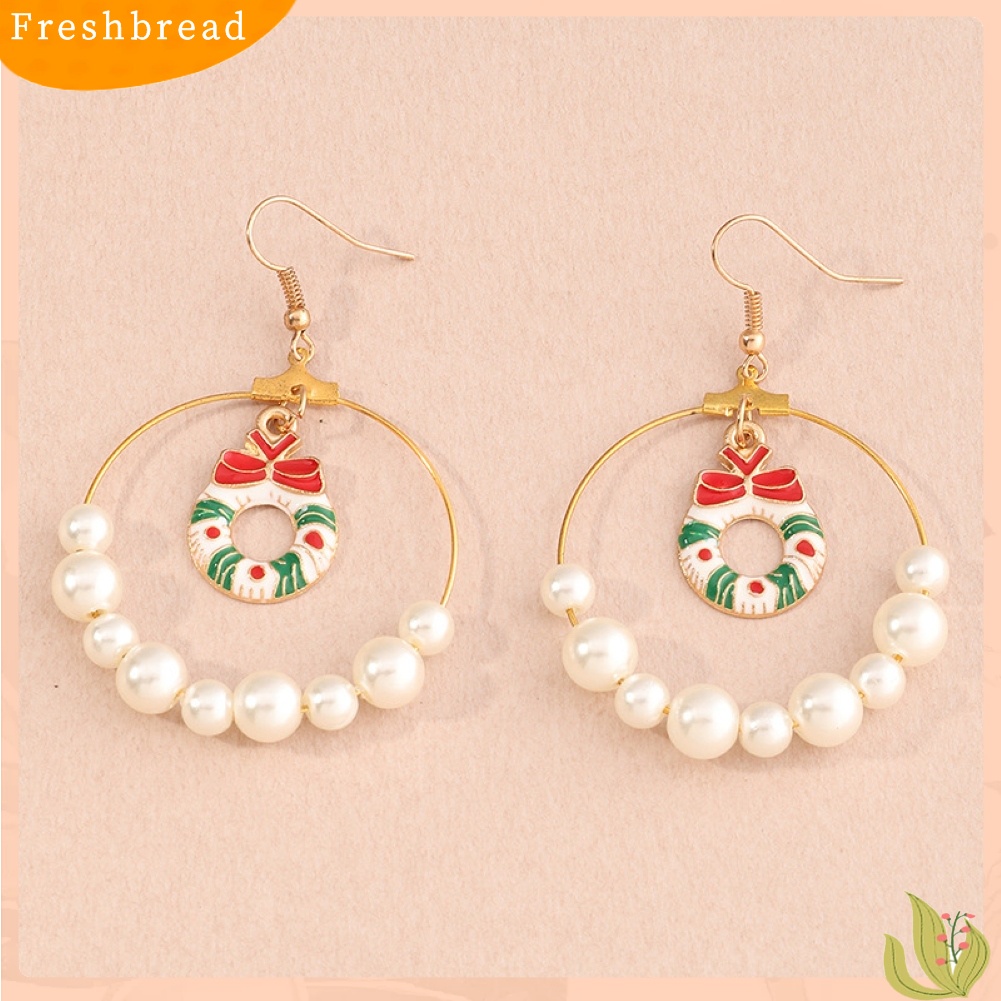 &lt; Freshbread &gt; Wanita Pohon Natal Elk Eardrop Mutiara Imitasi Geometris Hoop Earrings Hadiah Xmas