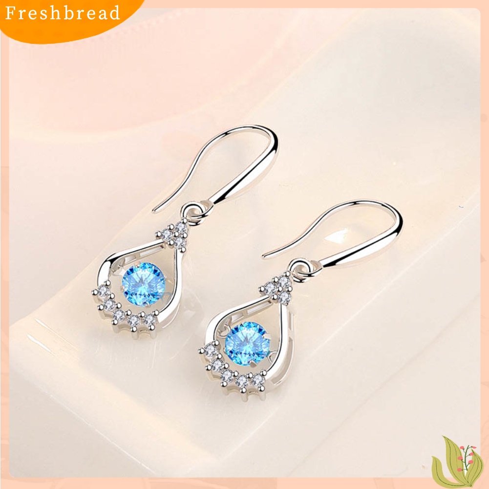 &lt; Freshbread &gt; Wanita Bulat Cubic Zirconia Hias Tetesan Air Menjuntai Kait Anting Perhiasan Hadiah