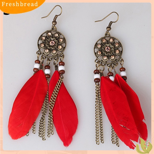 &lt; Freshbread &gt; Wanita Vintage Bohemia Etnik Dream Catcher Bulu Jumbai Anting Kait Panjang