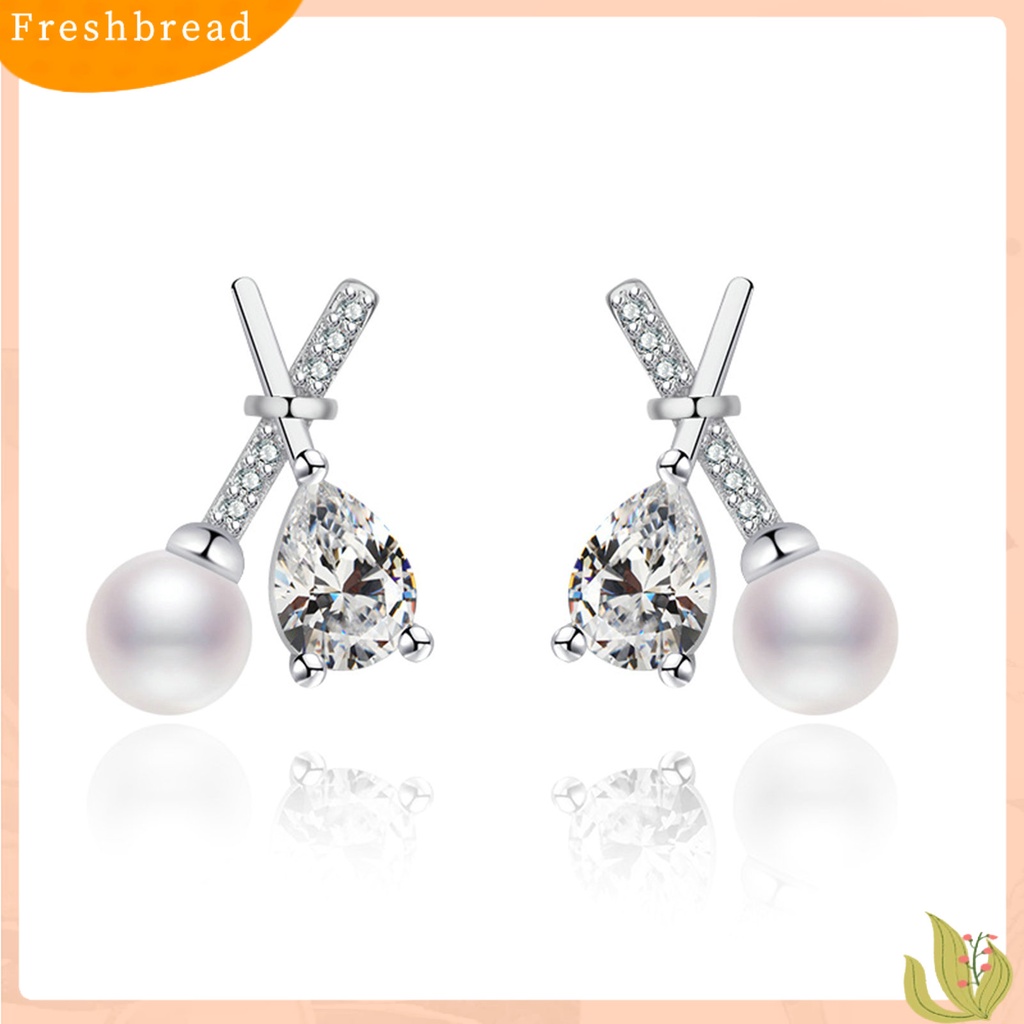 &lt; Freshbread &gt; 1pasang Ear Studs X Shaped Shining French Style Rhinestone Hias Dekorasi High Gloss Tidak Teratur Faux Zircon Pearl Women Earrings Untuk Pesta