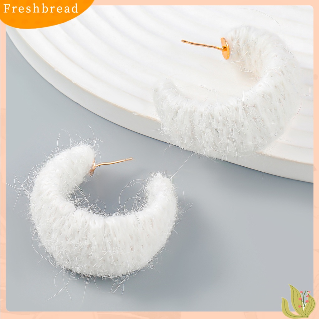 &lt; Freshbread &gt; 1pasang Anting Pejantan Berbentuk C Handmade Benang Katun Dikepang Geometris Hadiah Musim Gugur Musim Dingin Warna Solid Setengah Hoop Wanita Anting-Anting Perhiasan Fashion