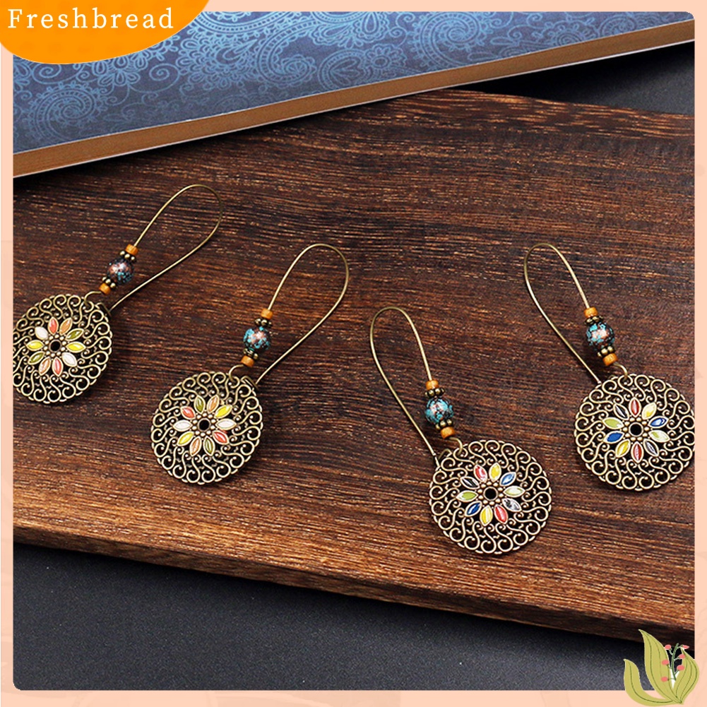 &lt; Freshbread &gt; Vintage Berongga Bulat Liontin Enamel Bunga Menjuntai Panjang Kerawang Anting Ukir