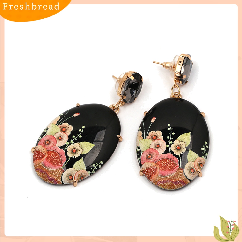 &lt; Freshbread &gt; Wanita Elegan Resin Bentuk Oval Bunga Liontin Anting Berlian Imitasi Bertatahkan Perhiasan