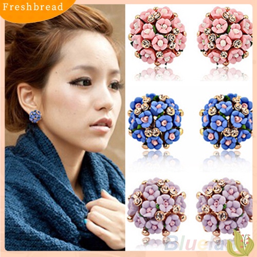 < Freshbread > Wanita Gadis Pengantin Pernikahan Perhiasan Bunga Mempesona Berlian Imitasi Klip Stud Earrings