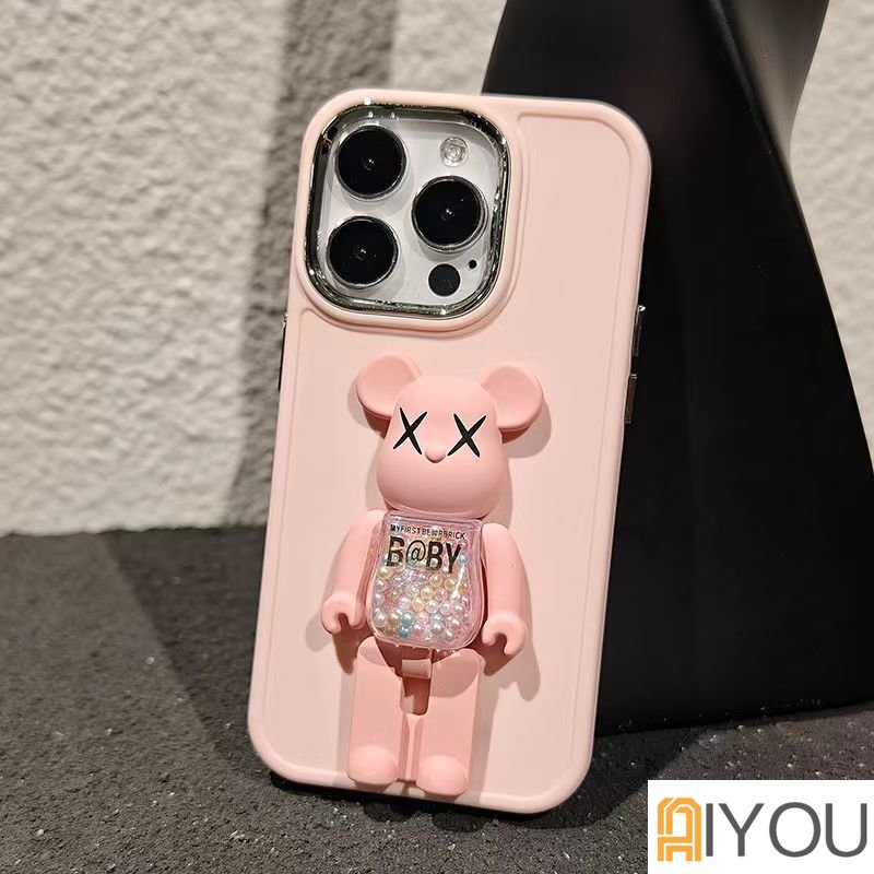 IPHONE Lucu Permen Warna Putar Violence bear Phone Holder bracket Casing Untuk Iphone14 13 12 11 Pro Max XS Max Casing Ponsel Tombol Logam Gelombang Silikon Soft Cover