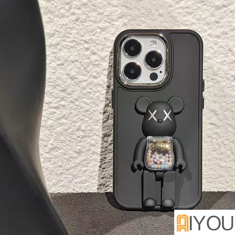 IPHONE Lucu Permen Warna Putar Violence bear Phone Holder bracket Casing Untuk Iphone14 13 12 11 Pro Max XS Max Casing Ponsel Tombol Logam Gelombang Silikon Soft Cover