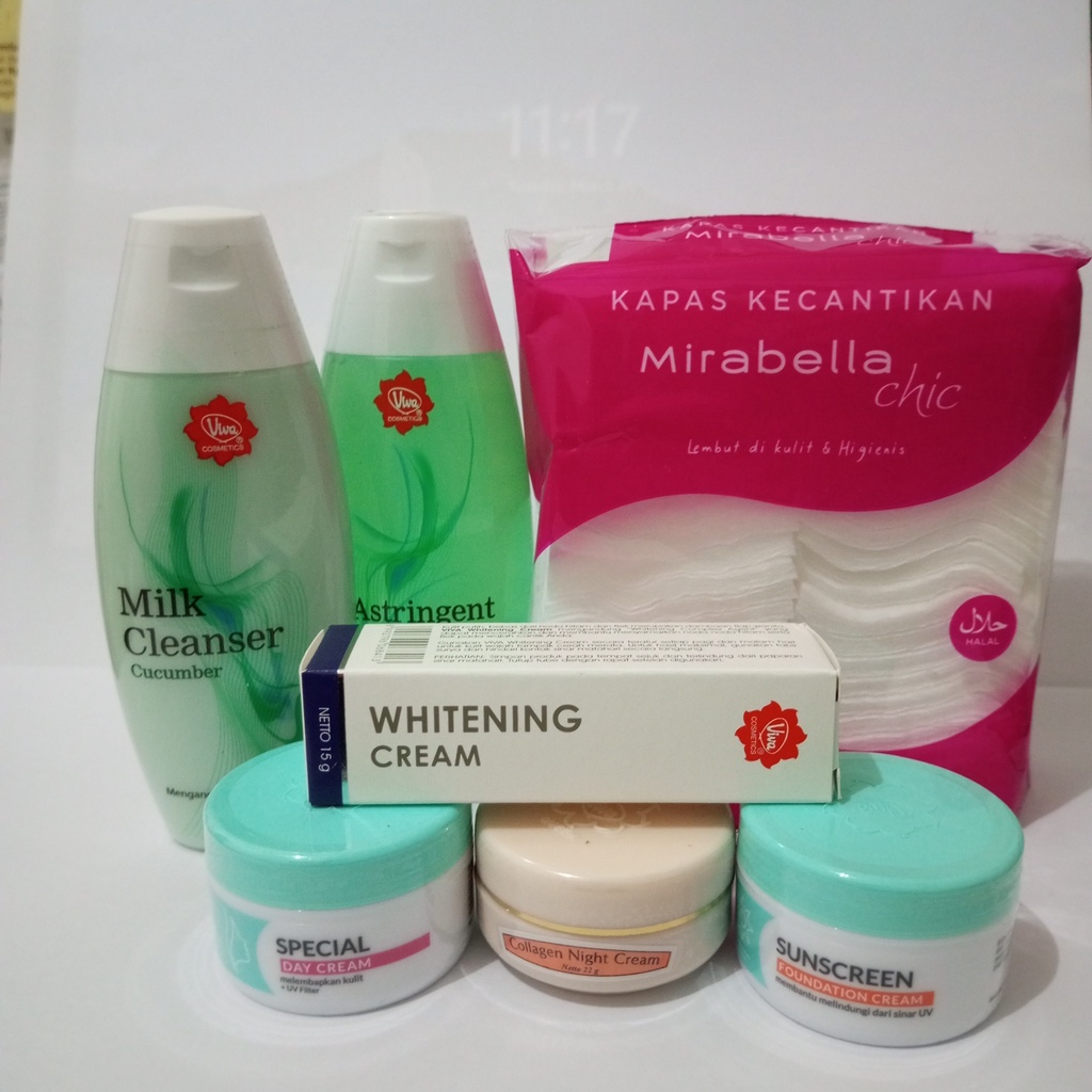 Viva PAKET Anti Flek Hitam 2 / 3 / 5 / 6 / 7 / 8 MILK CLEANSER + FACE TONIK CUCUMBER 100ml + KAPAS MIRABELLA + SPECIAL DAY CREAM + COLAGEN NIGHT CREAM + WHITENING CREAM + SUNSCREEN + CLEAN MASK