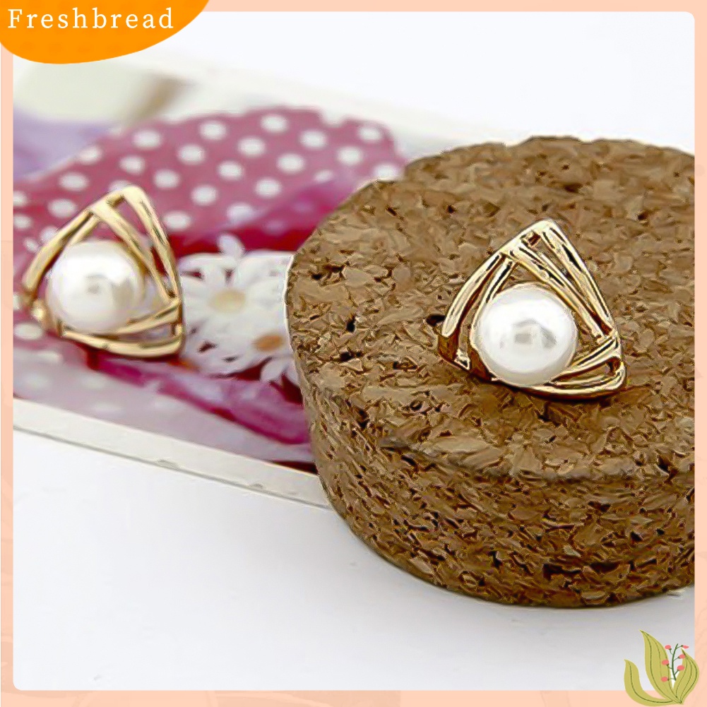 {In Stock} Wanita Mutiara Imitasi Hias Double Segitiga Crossover Ear Stud Earrings Perhiasan Hadiah