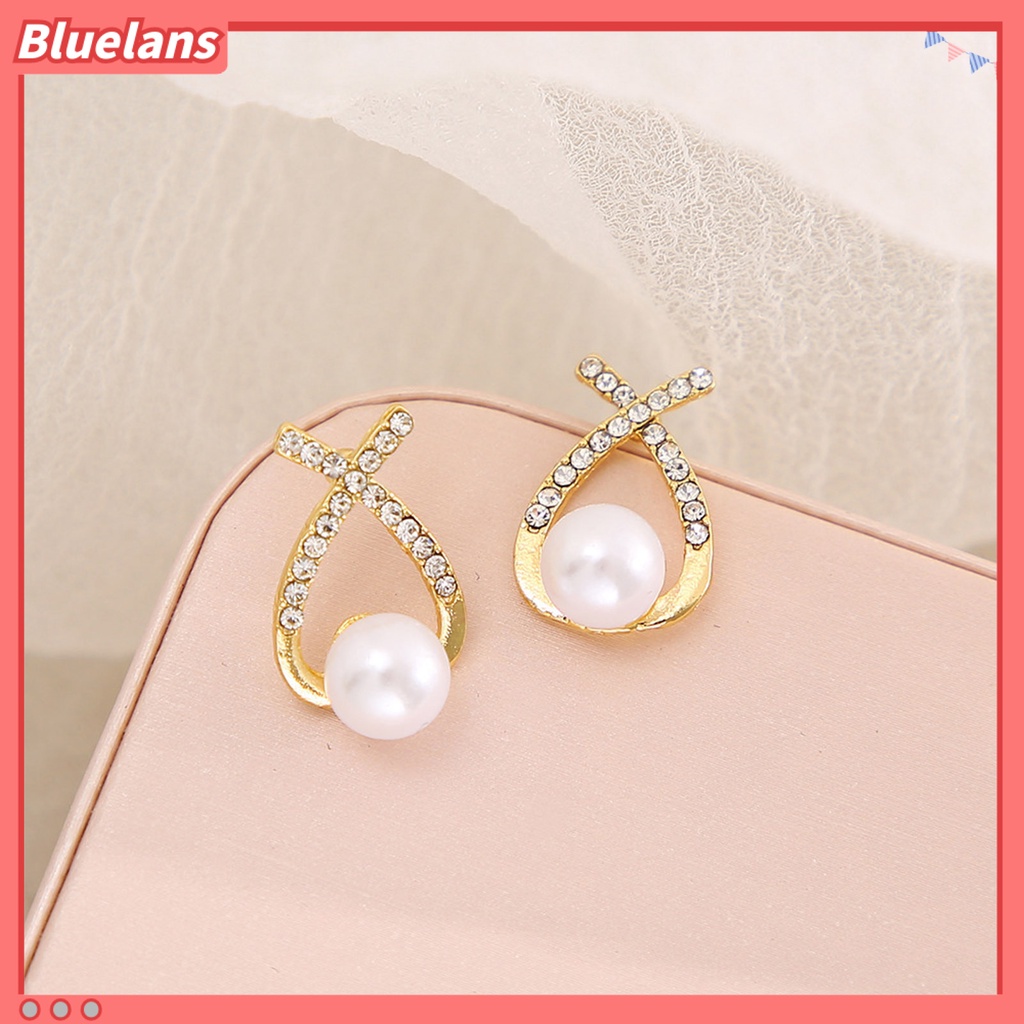 {In Stock} 1pasang Anting Wanita Gaya Perancis Retro Elegan Berlapis Emas Hypoallergenic Hadiah Fashion Perhiasan High Gloss Faux Pearl Cross Ladies Earrings Untuk Pesta