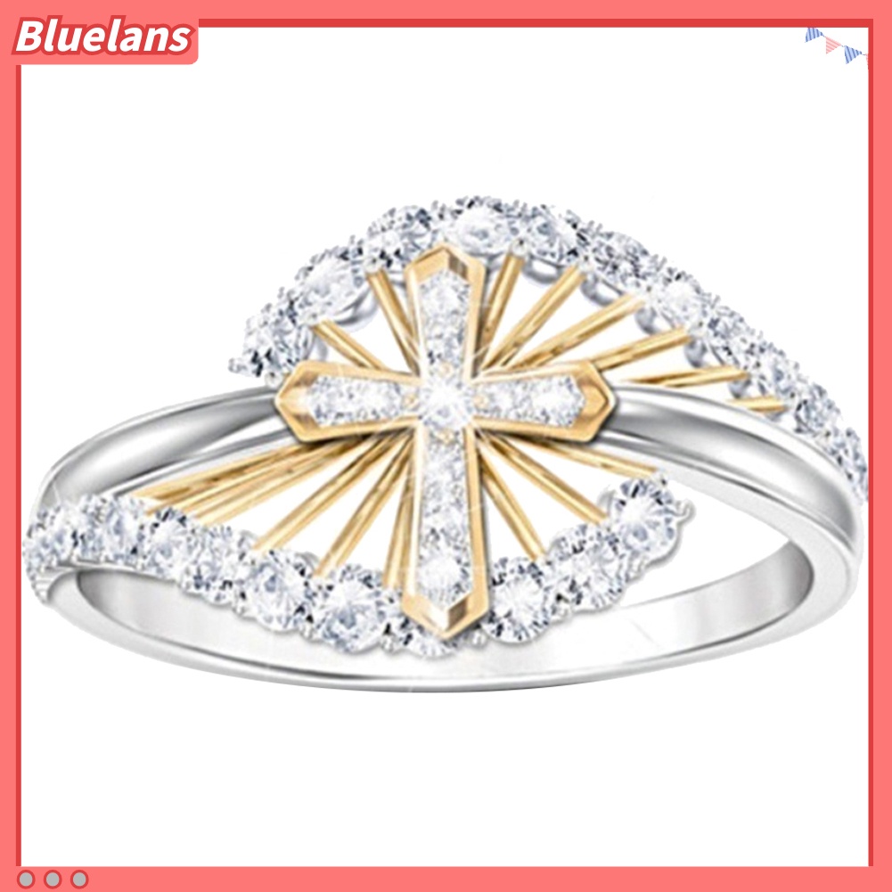 {In Stock} Wanita Dual Tone Berlian Imitasi Bertatahkan Cincin Jari Silang Perhiasan Pertunangan Pernikahan